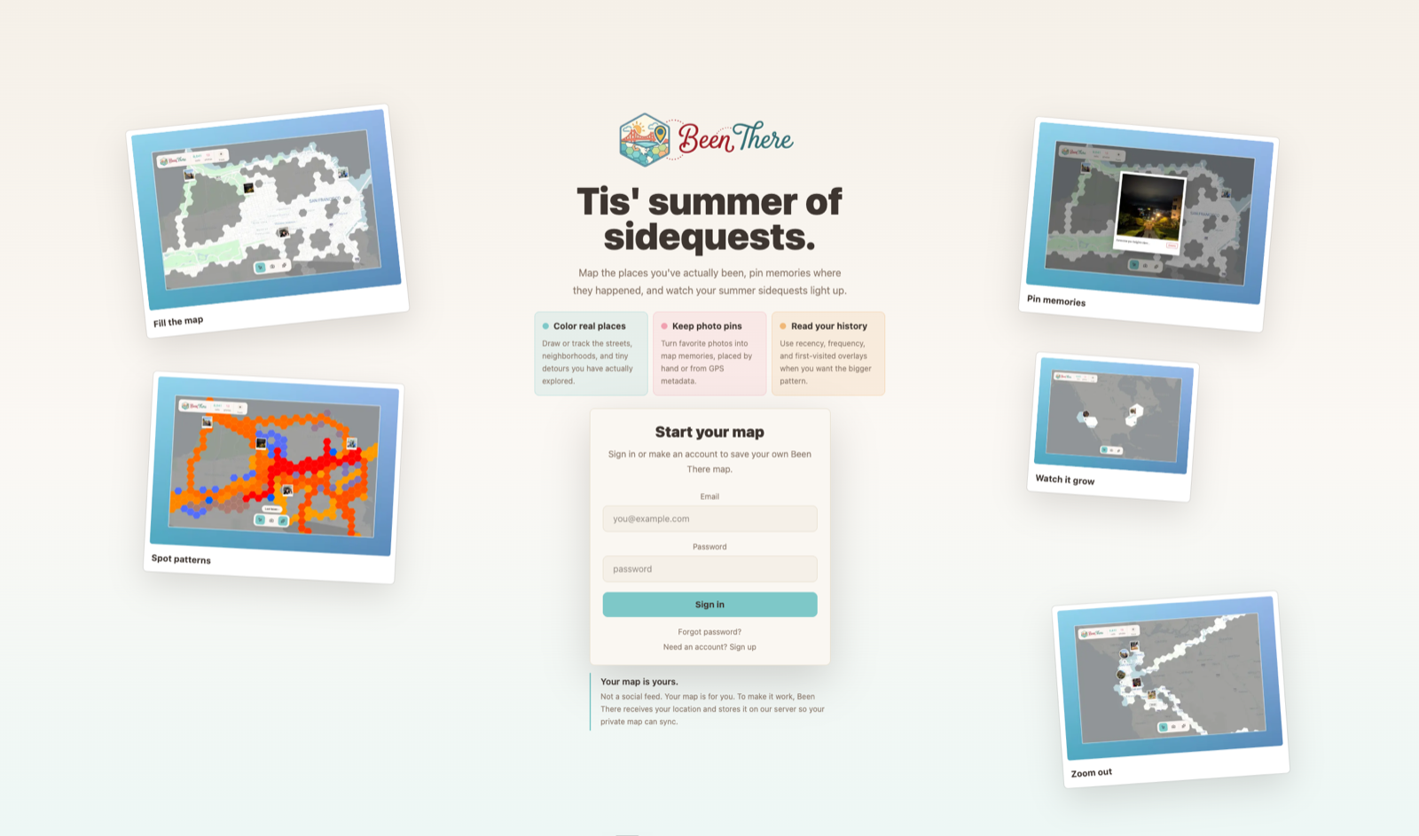 Been There landing page with sidequest-themed sign in and Polaroid feature cards
