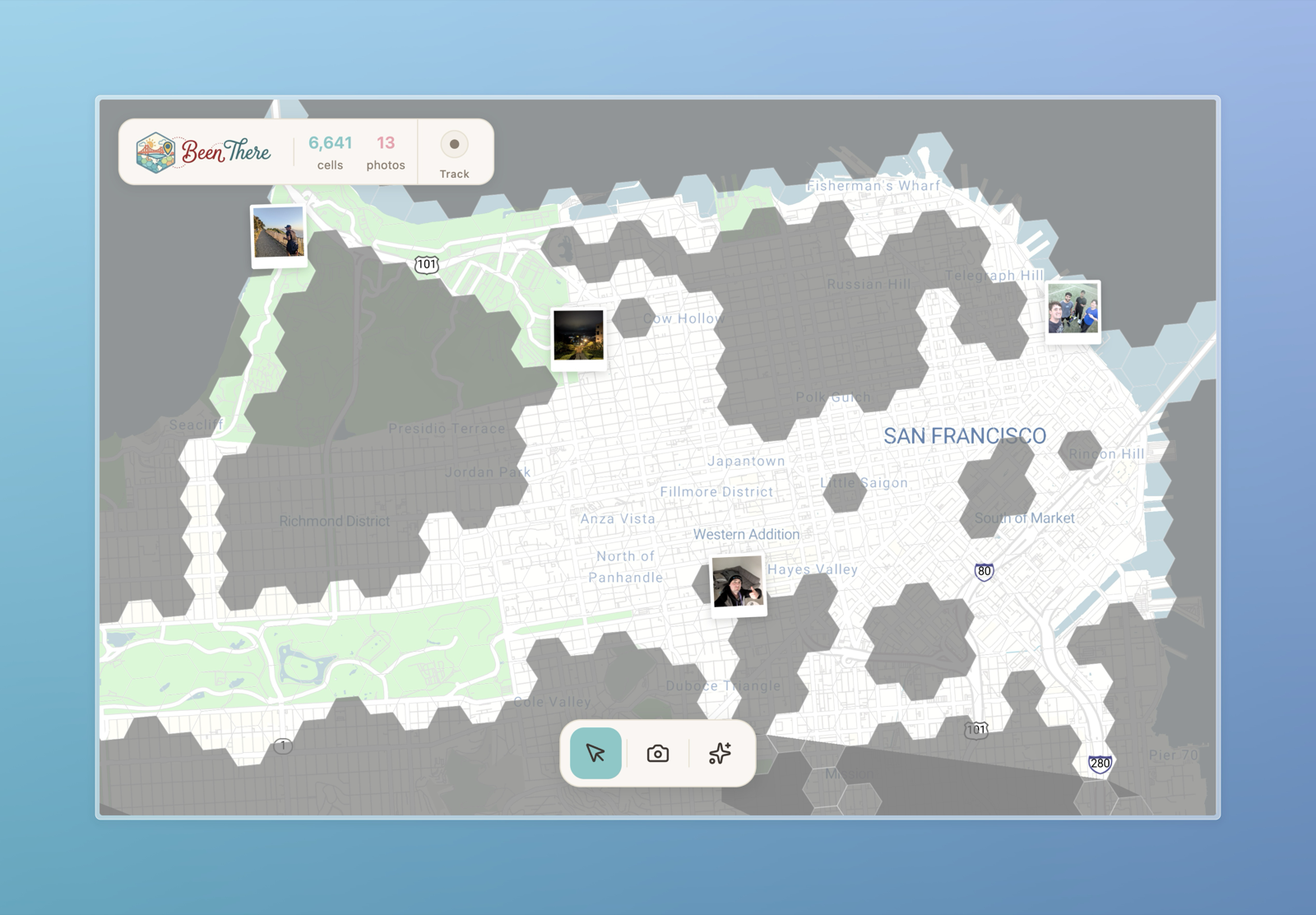 Been There map of San Francisco with visited H3 cells and Polaroid photo pins