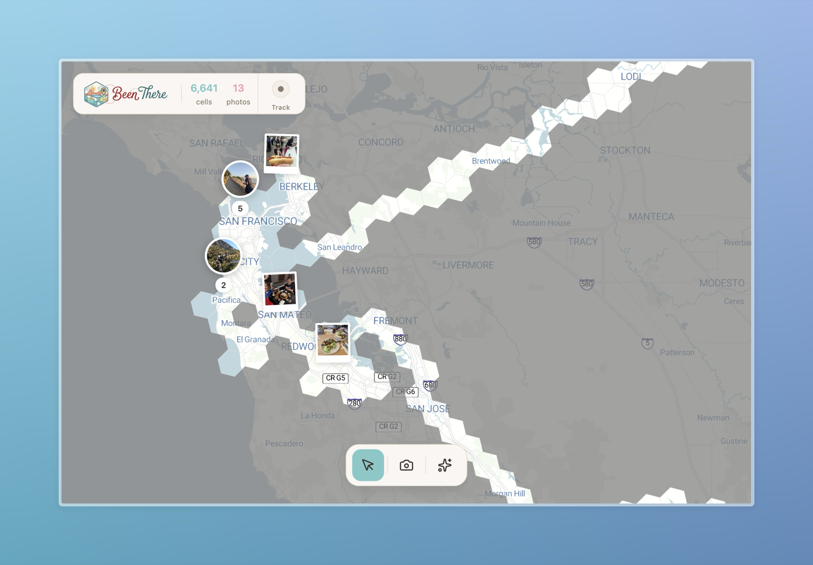 Been There regional map showing visited areas across the Bay Area