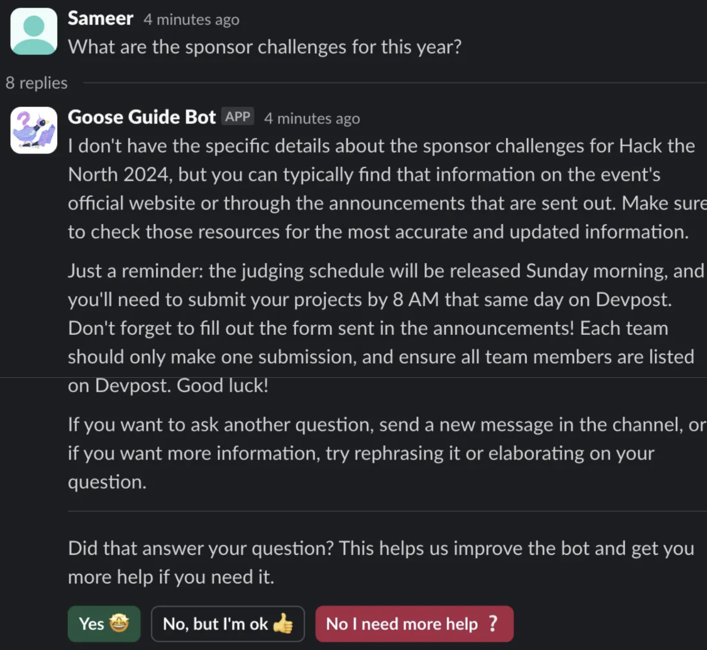 A screenshot of Goose Guide Bot in action!